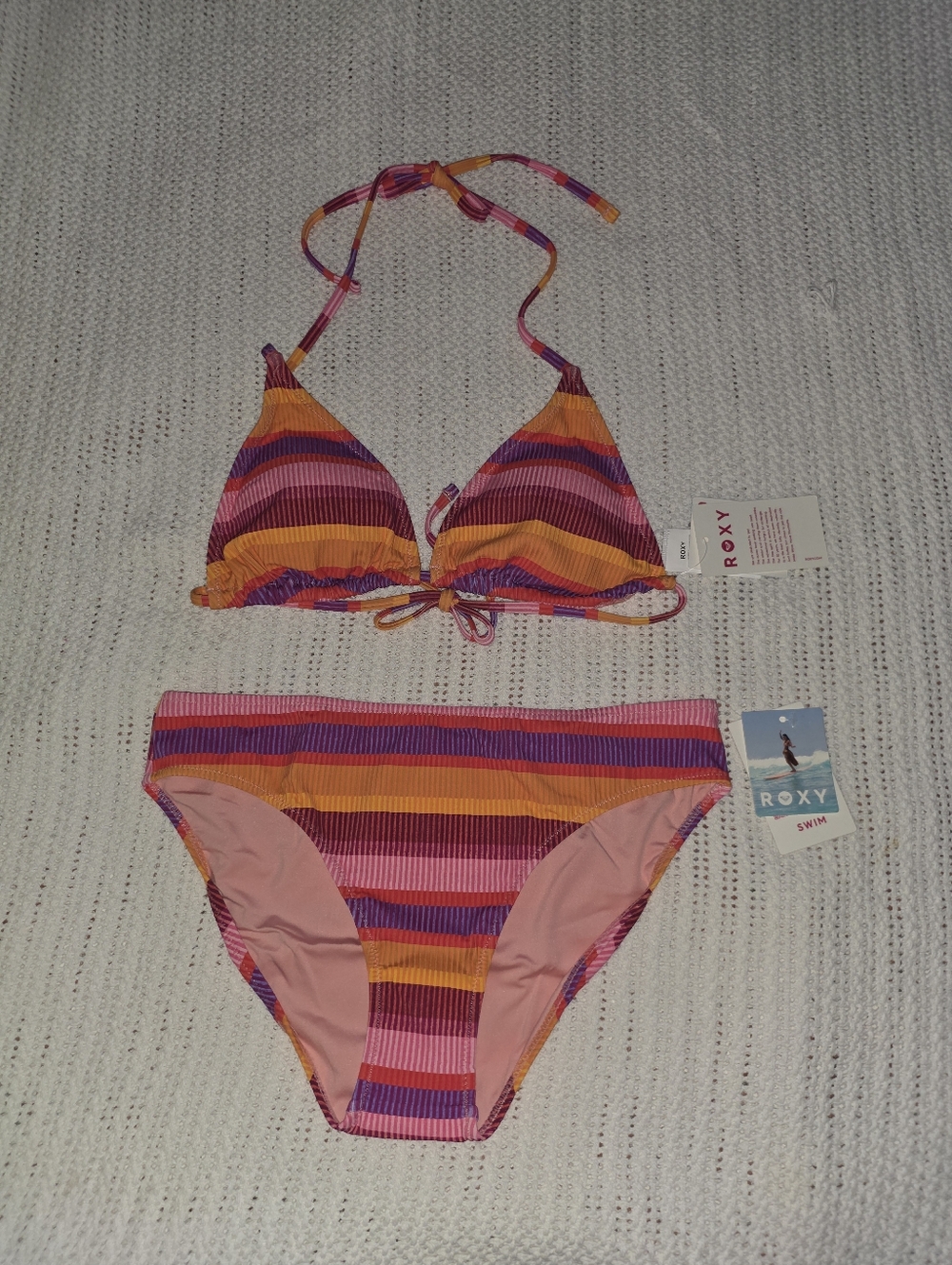 Roxy Coastal Current Tiki Triangle & Hipster Stripe Bikini Set M/L
